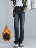 kkboxly Fleece Liner Casual Straight Jeans, High Waist Stretchy Loose Fit Denim Pants, Women's Denim Jeans & Clothing