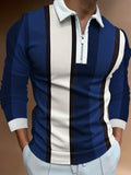 kkboxly  Men's Color Block Stripe Long Sleeve Zip Polo Shirt, Men's Clothing