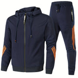 kkboxly  Stripe Design, Men's 2pcs, Long Sleeve Zip Up Hoodie And Drawstring Jogger Pants For Running, Athletics