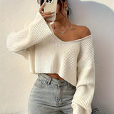 kkboxly  Solid V Neck Knit Sweater, Casual Long Sleeve Pullover Sweater, Women's Clothing