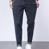 kkboxly  Multi Pocket Loose Fit Harem Pants, Men's Casual Chic Medium Stretch Denim Pants For All Seasons