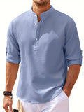 kkboxly  Men's Retro Casual Long Sleeve Stand Collar Shirt With Half Button, Spring Fall Outdoor