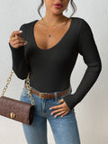 kkboxly  Solid Rib Knit Sweater, Casual Long Sleeve V Neck Slim Sweater, Women's Clothing