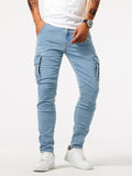 kkboxly  Slim Fit Multi Pocket Jeans, Men's Casual Street Style Medium Stretch Denim Cargo Pants