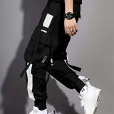 kkboxly Multi-pocket Ribbon Design, Men's Color Block Cargo, Trendy Comfy Jogger Pants