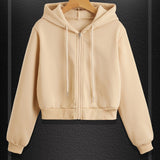 kkboxly  Solid Color Drawstring Crop Hoodie, Casual Zip Up Long Sleeve Hooded Sweatshirt