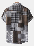 kkboxly  Men's Check Panel Contrast Color Casual Linen Short Sleeve Shirt Best Sellers