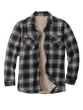 kkboxly  Men's Warm Fleece Plaid Shirt Coat, Casual Retro Lapel Button Up Chest Pocket Jacket For Fall Winter