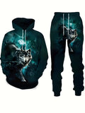 kkboxly  Plus Size Men's Wolf & Letters Graphic Print Sweatshirt & Sweatpants Set For Sports/outdoor/workout, Spring/autumn 2Pcs Tracksuit For Big & Tall Males, Men's Clothing