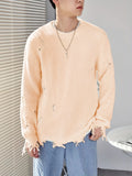 Men's Fall Winter Pullover Sweater Drop Shoulder Ripped Knit Sweater Round Neck Casual Knitwear