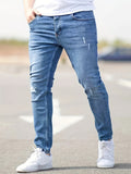 kkboxly Ripped Design Cotton Slim Fit Jeans, Men's Casual Street Style Leg Mid Stretch Denim Pants For Spring Summer