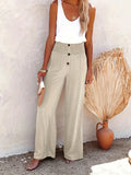 kkboxly  Smocked Waist Wide Leg Pants, Casual Loose Button Front Pants For Spring & Summer, Women's Clothing