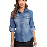 kkboxly  Blue Long Sleeves Denim Shirt, Single Breasted Button Washed Flap Pockets Lapel Denim Shirt, Women's Denim Clothing