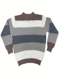 kkboxly  Crew Neck Retro Knitted Sweater, Men's Casual Warm Striped Slightly Stretch Pullover Sweater For Fall Winter