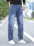 kkboxly  Loose Fit Straight Leg Jeans, Men's Casual Street Style High Stretch Jeans For Fall Winter