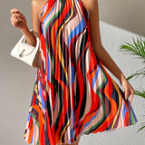 kkboxly  Striped Pleated Halter Neck Dress, Sexy Sleeveless Random Print Dress For Spring & Summer, Women's Clothing