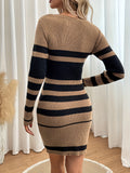 kkboxly  Striped Slim Sweater Dresses , Long Sleeve Crew Neck Mini Dress , Women's Clothings