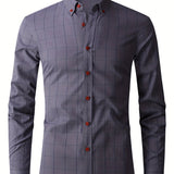 Men's Formal Plaid Design Button Up Shirt, Male Clothes For Spring And Fall Business Occasion, Men's Tops For Beer Festival