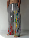 kkboxly Men's Drawstring Wide Leg Pants Beach Pant Paint Splatter Pattern Casual Baggy Pants Yoga Trousers Streetwear Hiphop Rapper Style