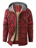 kkboxly  100% Cotton Classic Plaid Men's Hooded Jacket Fleece Lined Casual Long Sleeve Sherpa Lined Hoodies Hooded Shirt Coat For Autumn Winter