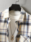 kkboxly  Men's Plaid Turndown Collar Chest Collar Long Sleeve Shirt, Trendy Comfy Shirt For Spring Autumn