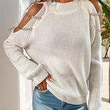 kkboxly  Chain Decor Cold Shoulder Pullover Sweater, Elegant Long Sleeve Loose Sweater, Women's Clothing