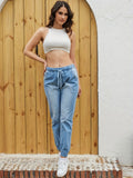 Blue Elastic Waist Jogger Pants, Slash Pockets Straight Legs Mid-Waist Denim Pants, Women's Denim Jeans & Clothing