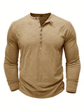 kkboxly  Solid Color Men's All-match Cotton Comfy Long Sleeve Round Neck Henley Shirt, Spring Fall