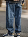 kkboxly  Wide Leg Cotton Jeans, Men's Casual Street Style Patchwork Denim Pants For Spring Summer