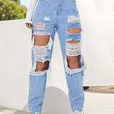 Ripped Knee Cut Destroyed Straight Leg Jeans, High Rise Light Wash Blue Slash Pockets Street Style Denim Pants, Women's Denim Jeans & Clothing