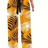 Plant Print Tie Waist Pants, Casual Wide Leg Long Length Pants, Women's Clothing