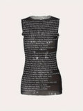 realaiot  Letter Print Mesh Top, See Through Sleeveless Casual Top For Summer & Spring, Women's Clothing