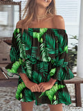 Kkboxly  Boho Leaf Graphic Print Off Shoulder Dress, Sexy Backless Ruffle Sleeve Dress For Spring & Summer, Women's Clothing