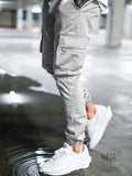 kkboxly  Solid Color Men's Chic Daily Long Drawstring Footed Cargo Pants With Zipper Pockets, Spring Fall Outdoor