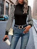 Striped Print Mock Neck T-Shirt, Casual Long Sleeve T-Shirt For Spring & Fall, Women's Clothing