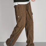 kkboxly  Zipper Design, Men's Corduroy Cargo Pants With Flap Pockets, Comfy Trendy Trousers