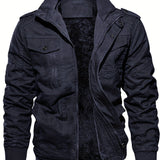 kkboxly  Warm Plush Fleece Cotton Jacket, Men's Casual Zipper Pockets Stand Collar Jacket Coat For Fall Winter