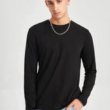 kkboxly  One Size Smaller, Men's Solid Color Slim-fit Elastic Round Neck Long Sleeves Shirt