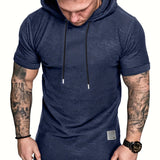 kkboxly  Plus Size Men's Basic Short Sleeve Hooded T-shirt, Summer Comfy Tops With Drawstring