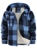 kkboxly  Plaid Shacket Shirt Jacket Sherpa Lined Men's Hooded Thick Jacket Casual Long Sleeve Hoodies With Zipper Gym Sports Hooded Coat For Spring Fall