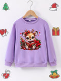 For Girls 12 and Under: Adorable Deer Print Christmas Sweatshirt - Soft Polyester Blend, Crew Neck, Slight Stretch, Knit Fabric, Long Sleeve, Loose Fit Casual Wear