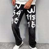 kkboxly  Letter Print Baggy Jeans, Men's Casual Loose Fit Street Style Distressed Wide Leg Jeans