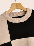 kkboxly  Color Block Chic Knit Sweater, Men's Casual Warm Slightly Stretch Round Neck Pullover Sweater For Fall Winter