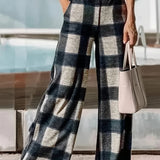 kkboxly  Plaid High Waist Wide Leg Pants, Casual Pants For Spring & Fall, Women's Clothing