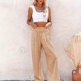 kkboxly  Shirred Waist Wide Leg Pants, Casual Solid Slant Pockets Pants For Summer & Spring, Women's Clothing