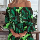 Kkboxly  Boho Leaf Graphic Print Off Shoulder Dress, Sexy Backless Ruffle Sleeve Dress For Spring & Summer, Women's Clothing