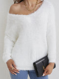 kkboxly  Solid Fuzzy Knit Sweater, Elegant V Neck Long Sleeve Sweater For Fall & Winter, Women's Clothing