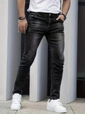 kkboxly Chic Slim Fit Jeans, Men's Casual Street Style Distressed Stretch Denim Pants With Pockets