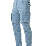 kkboxly Slim Fit Multi Pocket Jeans, Men's Casual Street Style High Stretch Denim Cargo Pants