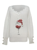 Women'S Christmas Lace Trim Sparkling Embroidery Wine Glass Celebration Button Sweater